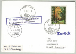 Liechtenstein 1987, Eingeschriebene Retournierte Postkarte Eschen - Esche (Deutschland), Buchen / Hêtre / Beech - Brieven En Documenten