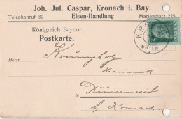 Bayern Firmenkarte Mit Tagesstempel Kronach 1914 Joh. Jul. Caspar Eisen Handlung - Lettres & Documents