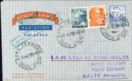 1966-I^volo Alitalia AZ Roma-Malta Del 3 Aprile Su L.60 Con Francobolli Aggiunti - 1961-70: Marcophilie