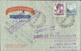 1966-bollo I^volo Catania-Malta L.60 Con Francobollo Aggiunto - 1961-70: Marcophilie