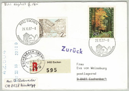 Liechtenstein 1987, Eingeschriebene Retournierte Postkarte Eschen - Eschenbach (Deutschland), Buchen / Hêtre / Beech - Cartas & Documentos