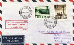 1969-Romania Con Bollo Rosso "I^volo AZ 523 Bucarest-Roma Del 4 Aprile" - Lettres & Documents