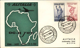 1961-Alitalia DC-8 Jet Diretto Ad Accra (Ghana)affrancato L.15+L.35 Giochi XVII^ - Ghana (1957-...)