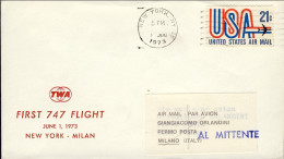 1973-U.S.A. TWA I^volo 747 New York Milano Del 1 Giugno - 3c. 1961-... Storia Postale