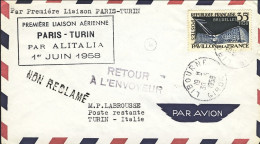 1958-France Francia I^volo Alitalia Parigi Torino Del 1 Giugno Affr. 35fr.con An - 1921-1960: Période Moderne