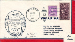 1947-U.S.A. Con Bollo Illustrato I^volo TWA To Italy Tratta Detroit-Roma Del 16  - 2c. 1941-1960 Lettres