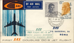 1961-India Bollo Verde SAS I^volo DC 8 Calcutta-Roma Del 9 Settembre - Poste Aérienne