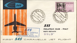 1959-bollo Azzurro SAS I^volo Caravelle Milano-Oslo Del 15 Luglio Affr. L.60 Pre - Luftpost