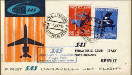 1959-I^volo Caravelle Roma Beyrouth Affr. S.2v."X Annuale Premio Italia Radio Tv - Luftpost