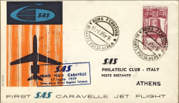 1959-cat.Pellegrini N.1075 Euro 70, I^volo Caravelle Roma Atene Affr. L. 60 XL A - Luftpost