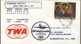 1971-volo TWA 25 Servizio Aeropostale Italia U.S.A. Affrancata Posta Aerea L. 15 - Luftpost