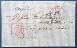 Lettre Alsace Lorraine MARS 1871 Dateur Franchise Allemand Rouge " STRASSBURG/ F " Pour LEZIGNAN + 2 Taxes 20 Et 30 ! RR - Covers & Documents