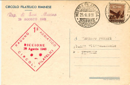 1948-Riccione Cartolina Illustrata I Raduno Adriatico Dei Circoli Filatelici Aff - 1946-60: Marcophilia