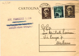 1947-cartolina Postale L.1,20 Turrita Senza Stemma Con Affrancatura Aggiunta L.1 - 1946-60: Marcophilia