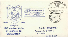 1975-34^ Anniversario Aviolancio Su Cefalonia Posta Aviolanciata Cecina Pisa Del - 1971-80: Marcophilia