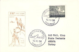 1956-Svezia I^volo SAS Stoccolma-Copenhagen-Ankara,al Verso Bollo D'arrivo - Storia Postale