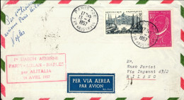 1957-France Francia Con Bollo Rosso I^volo Alitalia Parigi Milano Napoli Del 14  - Covers & Documents