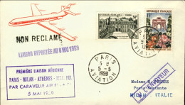 1959-France Francia Bollo Viola I^volo Air France Caravelle Parigi-Milano Del 5  - 1921-1960: Période Moderne