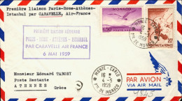 1959-Monaco Bollo Viola I^volo Air France Caravelle Montecarlo-Atene Del 6 Maggi - Brieven En Documenten