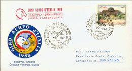 1988-giro Aereo Internazionale D'Italia Locarno San Marino Posta Paracadutata Su - Poste Aérienne