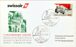 1989-San Marino Aerogramma I^volo Swissair Bergamo Ginevra Del Primo Maggio - Poste Aérienne