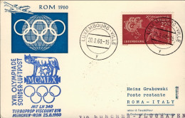 1960-Luxembourg Lussemburgo Volo Speciale Olimpico Monaco Roma Del 25 Agosto - Storia Postale