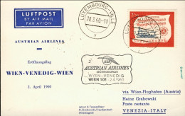1960-Lussemburgo Cartolina I^volo AUA Vienna Venezia Del 2 Aprile - Storia Postale
