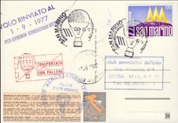 1977-San Marino Cartolina Illustrata Posta Trasportata Con Pallone Volo Rinviato - Poste Aérienne