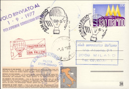 1977-San Marino Cartolina Illustrata Posta Trasportata Con Pallone Volo Rinviato - Luftpost