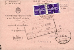 1945-avviso Di Ricevimento Affrancato Coppia Posta Aerea L.1 Imperiale Annullo D - Poststempel