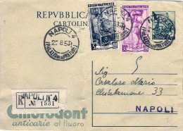 1953-cartolina Postale L.20 Chlorodont Con Affrancatura Aggiunta Tariffa Raccoma - 1946-60: Poststempel