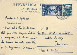 1951-cartolina Postale L.3 Fiaccola Con Risposta,affrancatura Aggiunta L.5 Itali - 1946-60: Poststempel