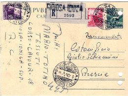 1949-cartolina Postale L.12 Raccomandata Con Affrancatura Aggiunta L.3 + L.20 De - 1946-60: Poststempel