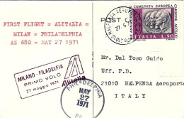 1971-cartolina Della TWA I^volo Alitalia AZ 680 Milano Filadelfia Del 27 Maggio  - Poste Aérienne