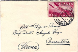 1948-biglietto Da Visita Affrancato Posta Aerea L.10 Stretta Di Mano Isolato - 1946-60: Poststempel