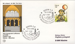 1992-cartolina Ufficiale I^volo Lufthansa Genova Monaco Dispaccio Aereo Straordi - Poste Aérienne