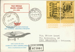 Vaticano-1974 Tariffa Raccomandata, Agno Giornata Dell'aerofilatelia Volo Specia - Aéreo
