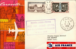 1959-France Francia Bollo Viola I^volo Air France Caravelle Parigi-Roma Del 6 Ma - Brieven En Documenten