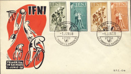 1958-Ifni Serie 4 Valori Su Fdc "a Favore Dell'infanzia Indigena-ciclismo Basket - Ifni