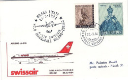 Vaticano-1984  Milano Linate I^volo Swissair A-310 Milano-Zurigo Del 25 Marzo - Poste Aérienne