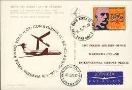 1972-cartolina Linee Aeree Polacche I^volo LOT Con Ilyushin Roma Varsavia Del 16 - Airmail