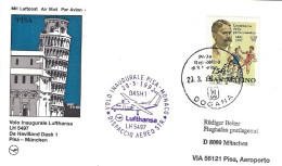1992-San Marino Cartolina I^volo Lufthansa LH 5497 Pisa Monaco Del 29 Marzo - Poste Aérienne