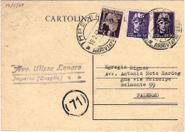 1947-cartolina Postale 50c.Turrita Senza Stemma Con Affrancatura Aggiunta 50c.Im - 1946-60: Marcophilie