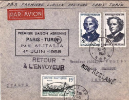 1958-France Francia I^volo Alitalia Parigi Torino Del 1 Giugno Affr. 3 Valori Di - 1921-1960: Période Moderne