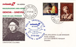 1992-Vaticano Inaugurazione Linea Aerea Swissair Genova Ginevra Del 27 Ottobre - Poste Aérienne