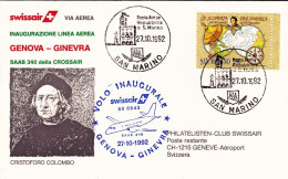 1992-San Marino Aerogramma Inaugurazione Linea Aerea Swissair Genova Ginevra Del - Posta Aerea