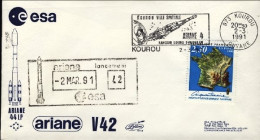 1991-France Francia Space Cover Dal Cosmodromo Di Kourou (Guyana Francese) Lance - Covers & Documents