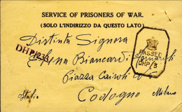 1943-Cartolina Da Prigioniero Di Guerra Del Campo 9W3 C/o G.P.O. Bombay - Marcophilie