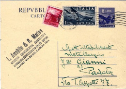 1947-cartolina Postale L.8 Democratica Con Affrancatura Aggiunta L.3 Democratica - 1946-60: Marcophilie