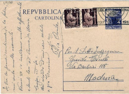 1947-cartolina Postale L.4 Democratica Con Affrancatura Aggiunta Coppia L.2 Demo - 1946-60: Marcophilia